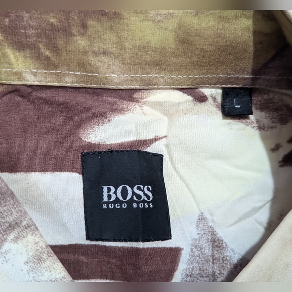 HUGO BOSS Man Brown Floral Print 100% Cotton Short Sleeve Shirt Size L - Picture 8 of 10